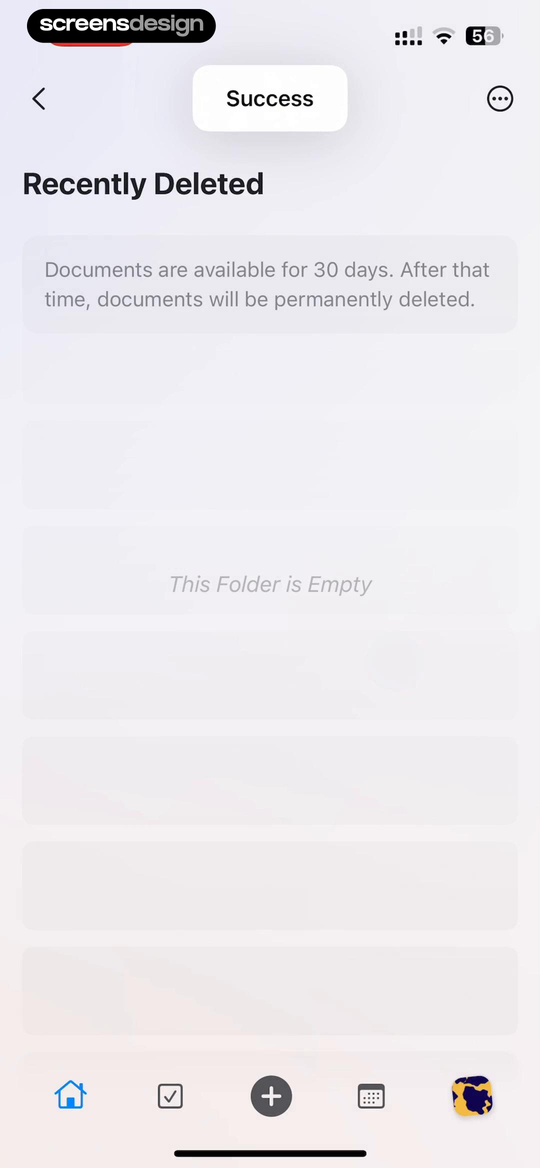 Craft Recently Deleted empty state with retention guidance and a visible success toast