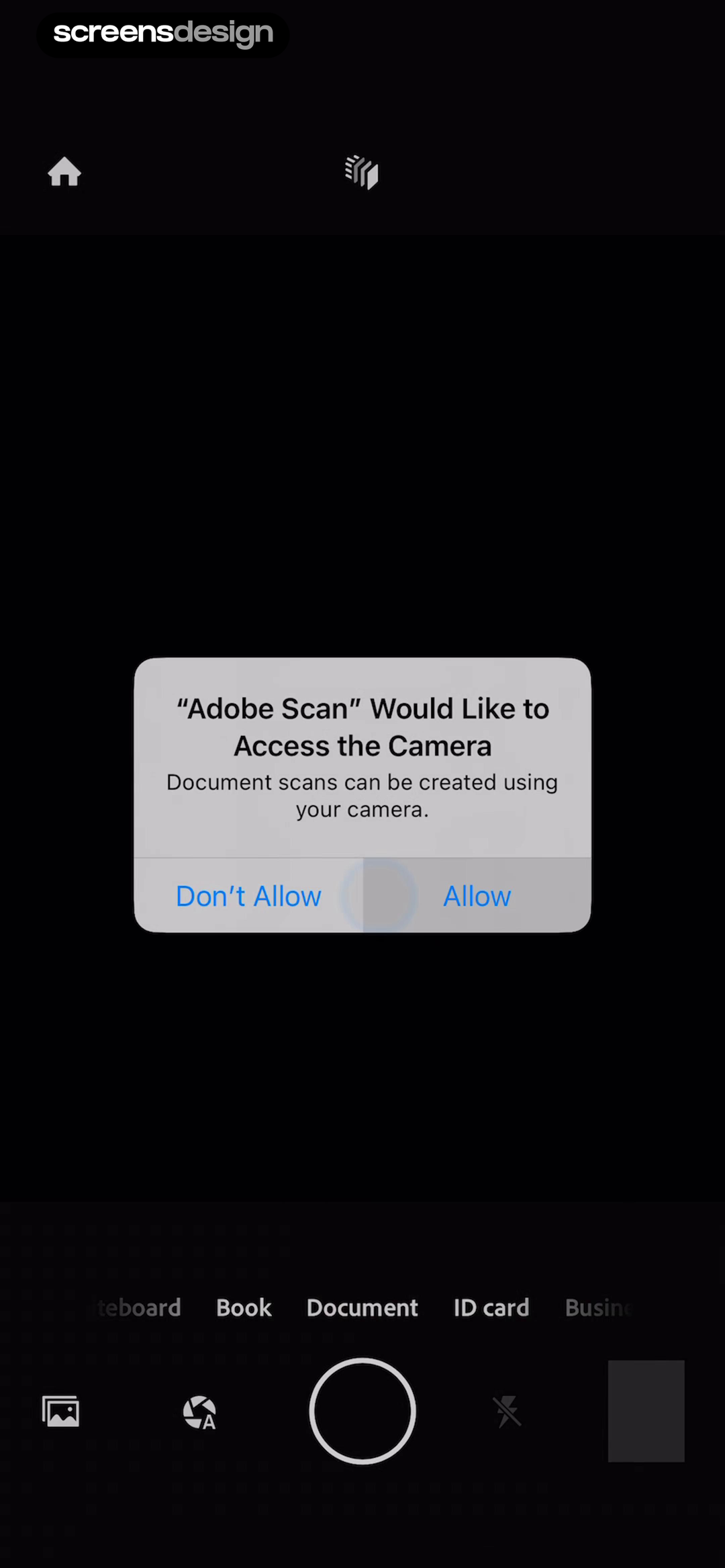 Adobe Scan iOS camera permission dialog over the document scanning modes