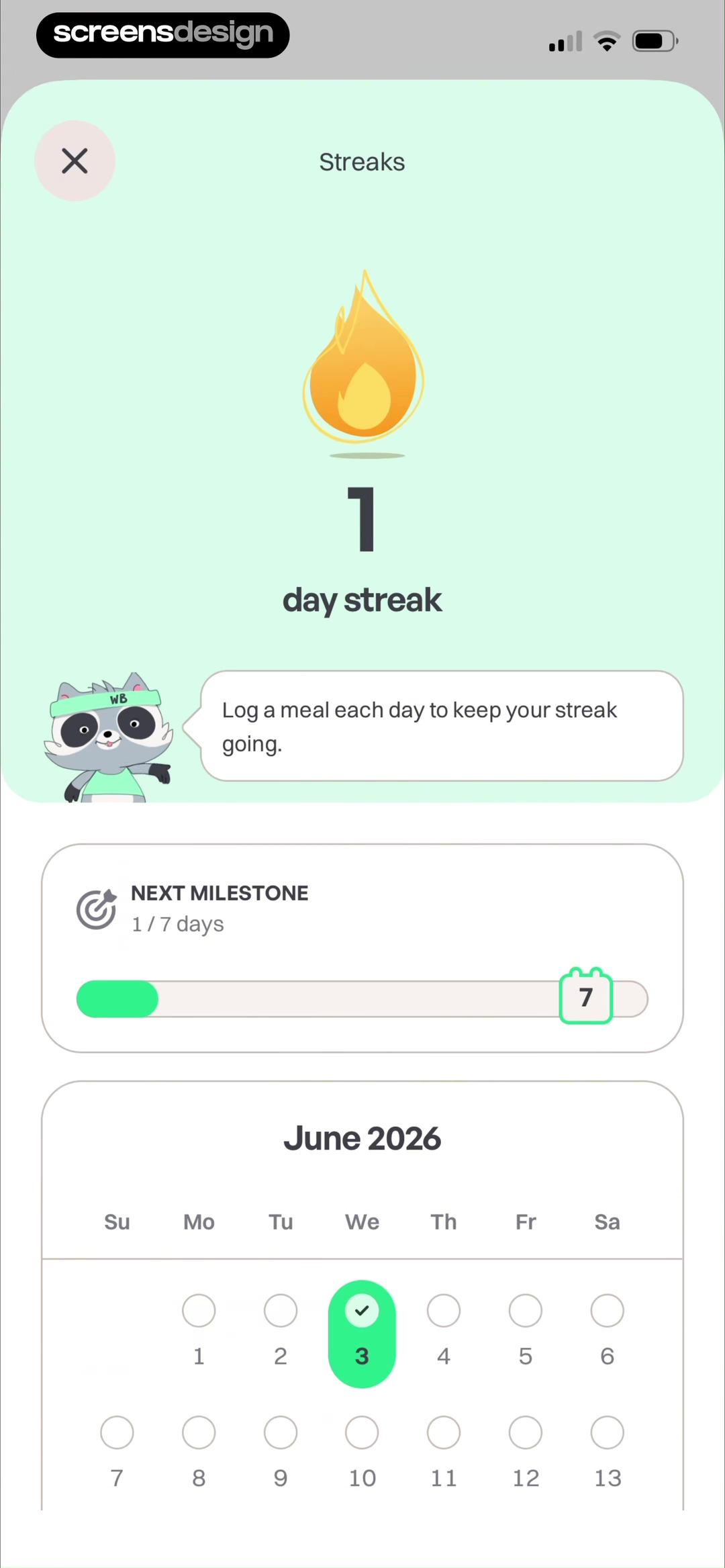 WeightBuddy streak screen showing a one-day meal logging streak, next milestone, and monthly calendar