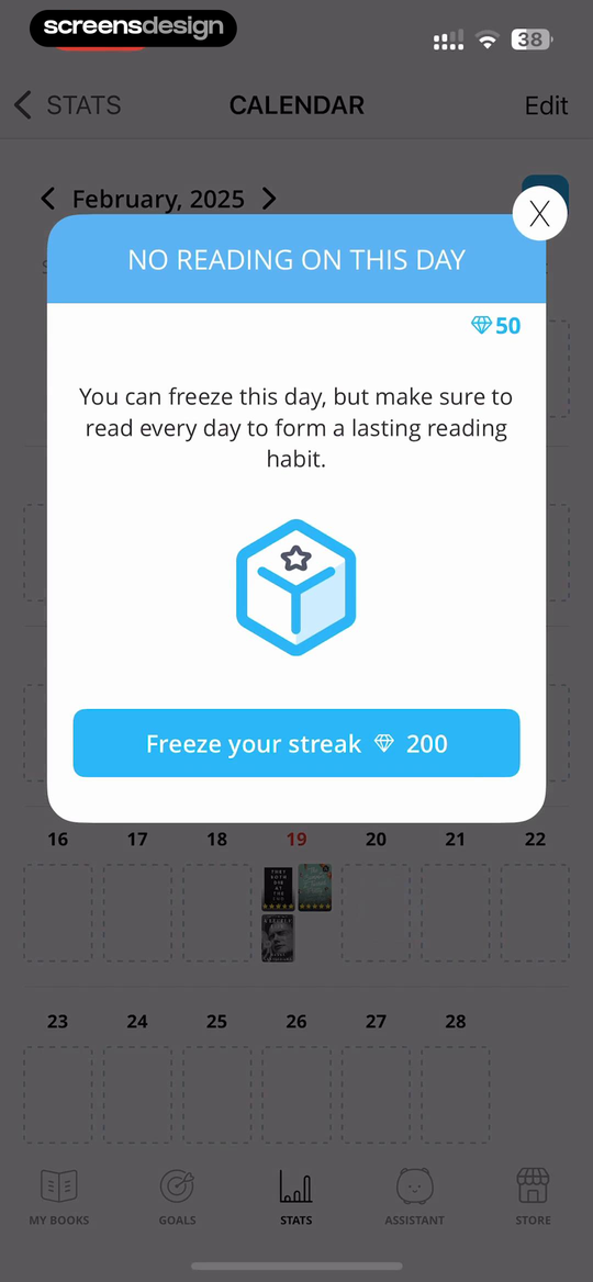 Bookly screen showing a missed reading day shows the calendar, freeze action, and cost before recovery