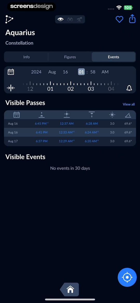 Sky Tonight Aquarius events screen with dark background, segmented tabs, date controls, pass table, and no-events message