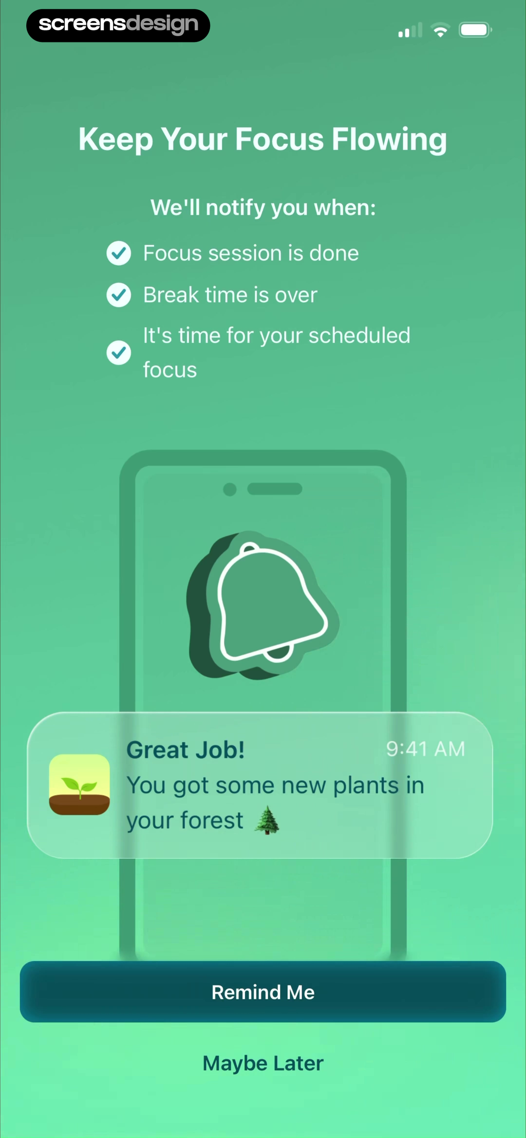 Forest notification warm-up listing focus session, break, and scheduled focus alerts