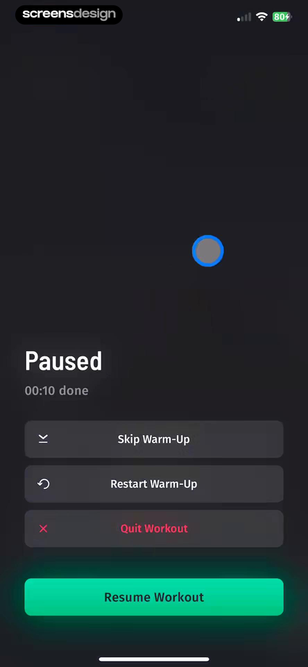 30 Day Fitness - Home Workout screen showing the paused workout keeps elapsed activity visible and separates resume, restart, skip, and quit.