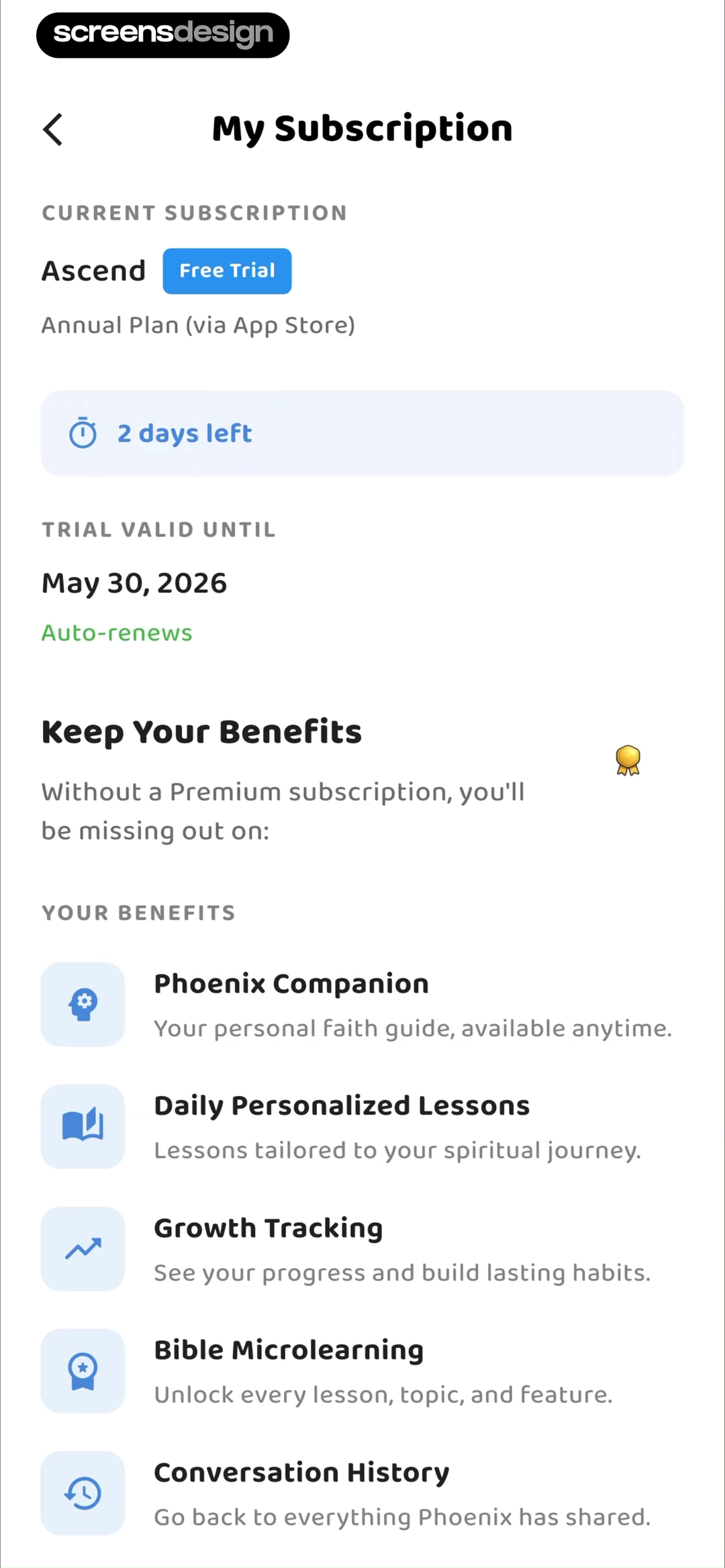 Ascend current subscription screen with free trial and renewal details