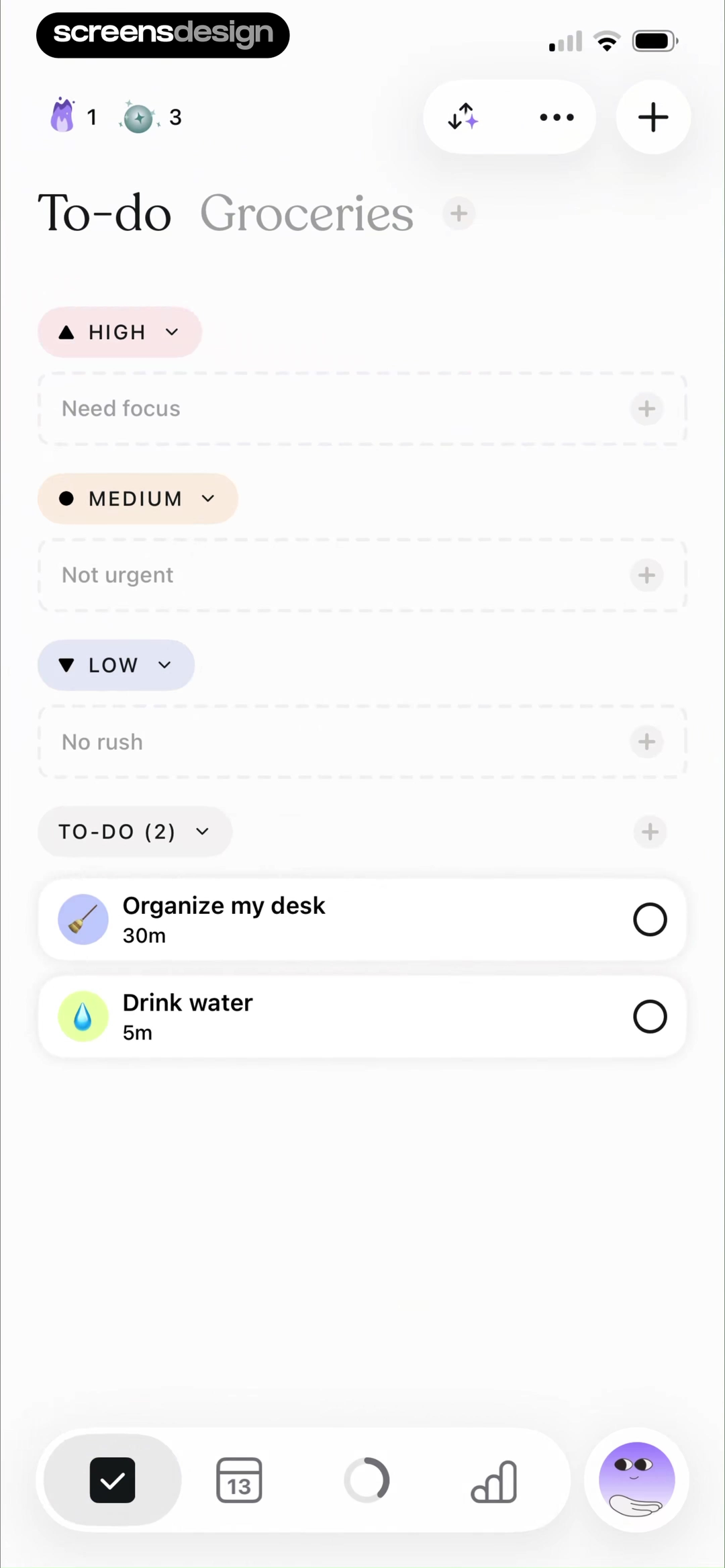 Tiimo to-do dashboard with High, Medium, Low, and To-do sections plus two timed tasks