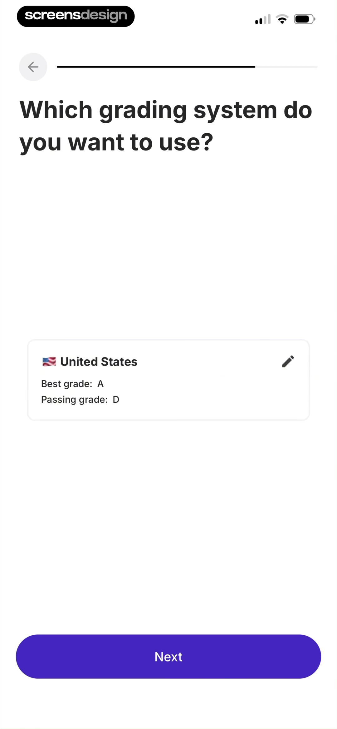 Retain Cards onboarding screen showing United States as the selected grading system with grade details