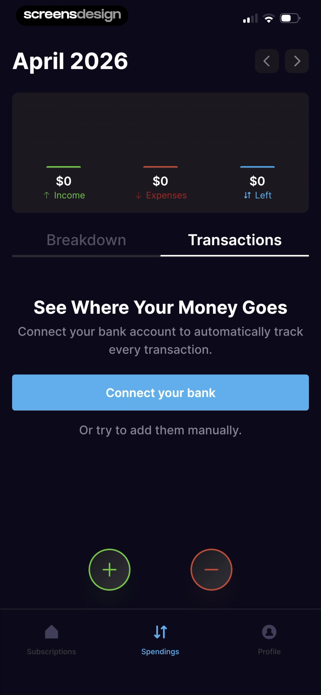 SubPilot empty transaction dashboard with connect bank account action