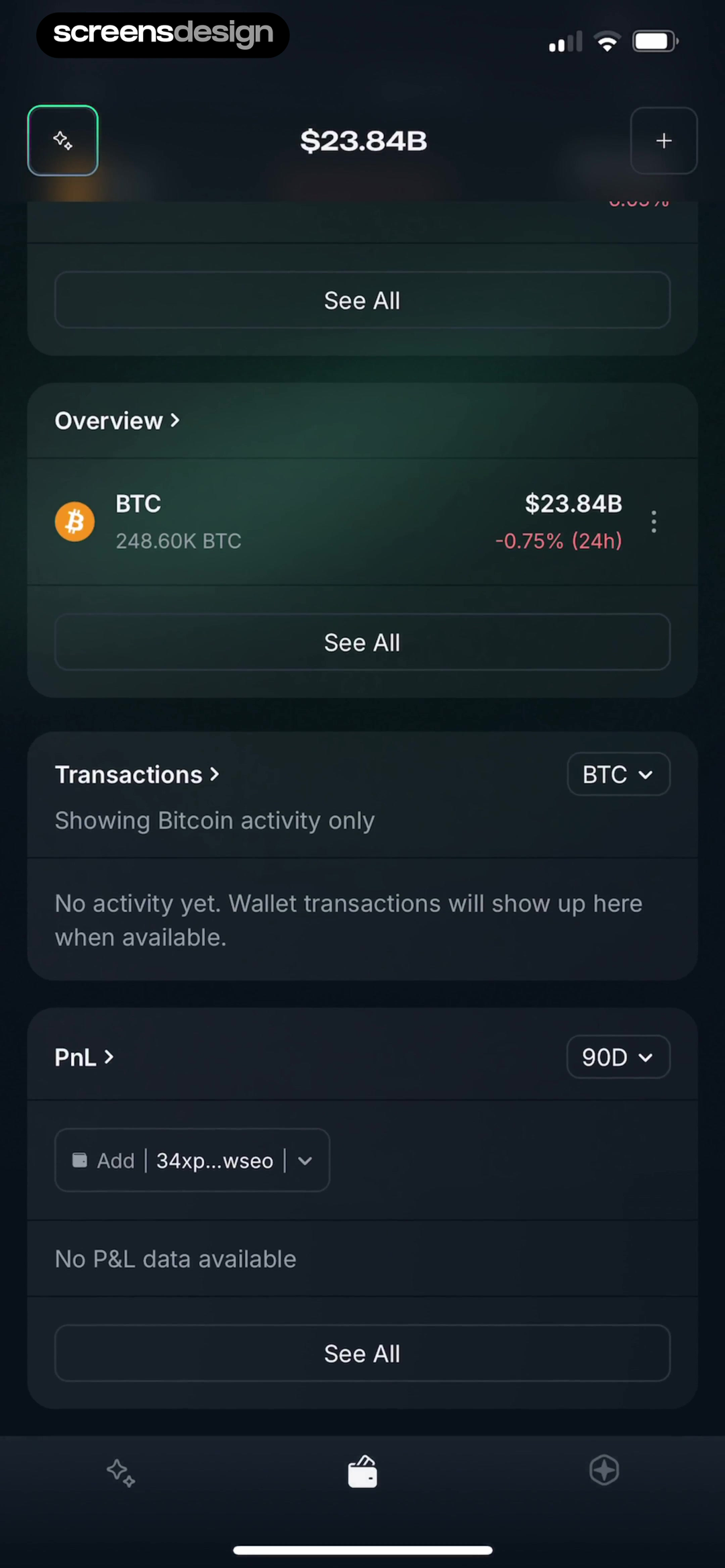 Nansen AI dark portfolio dashboard with balance, Bitcoin overview, transactions, and profit and loss