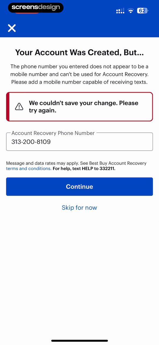 Best Buy account recovery screen explaining why a phone number failed, showing the affected field, Continue, and Skip for now