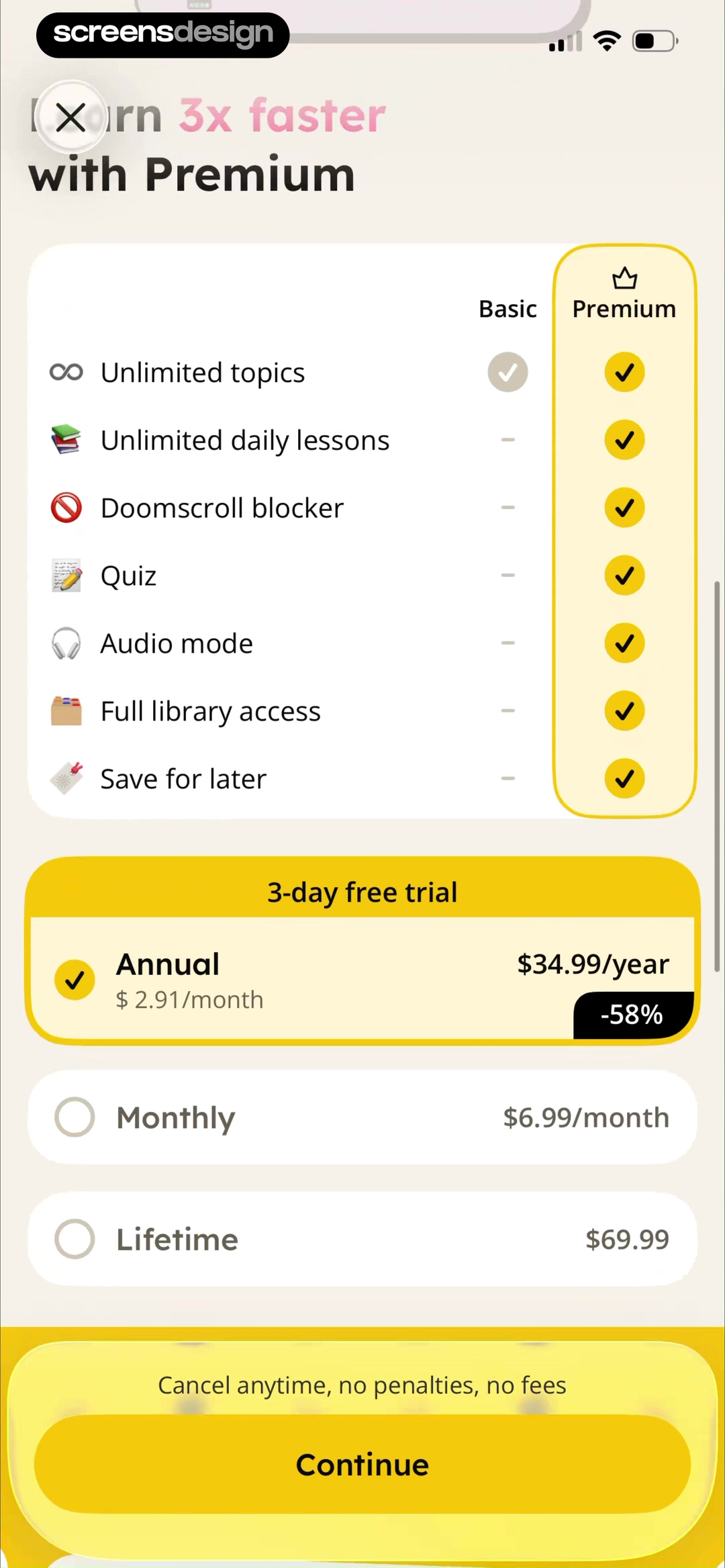 GenK: Daily Learning & Quiz screen showing basic and Premium are mapped to topics, lessons, quiz, audio, blockers, and library access.