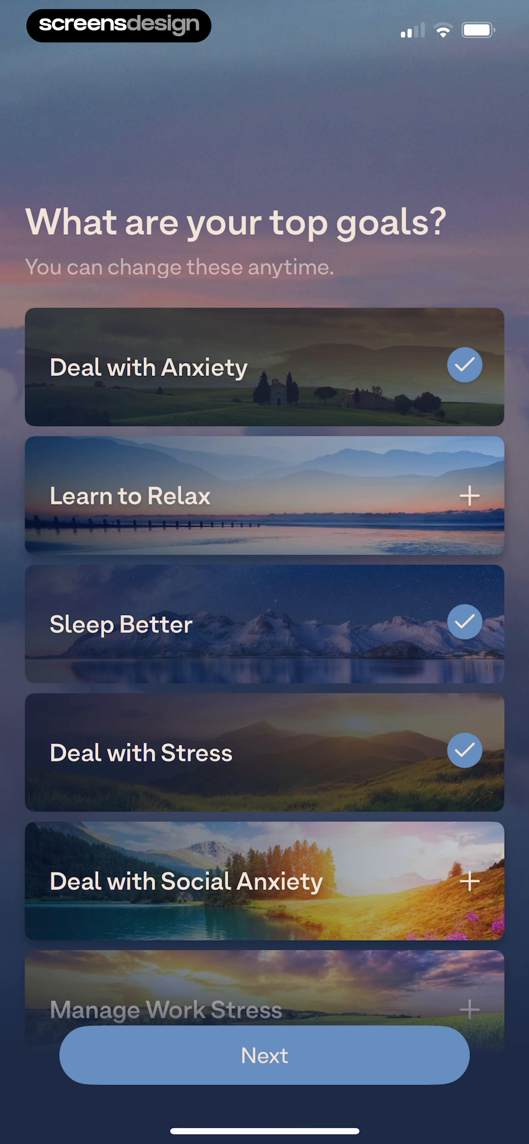 Breethe: Sleep & Meditation screen showing top goals can be changed later, reducing pressure around anxiety, relaxation, sleep, and work-stress choices.
