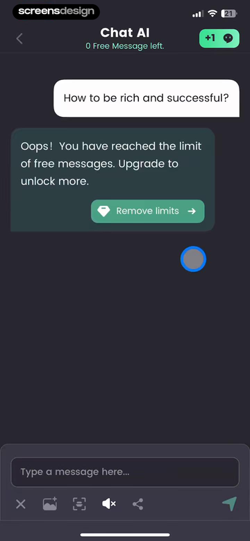 AI Chat -Ask Chatbot Assistant mobile app screen showing Chat AI and 0 Free Message left