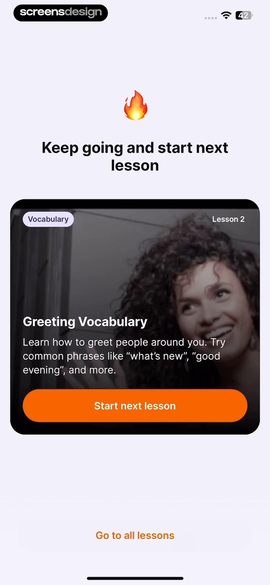 JustSpeak screen showing lesson 2, its vocabulary goal, Start next lesson, and all-lessons access remain visible