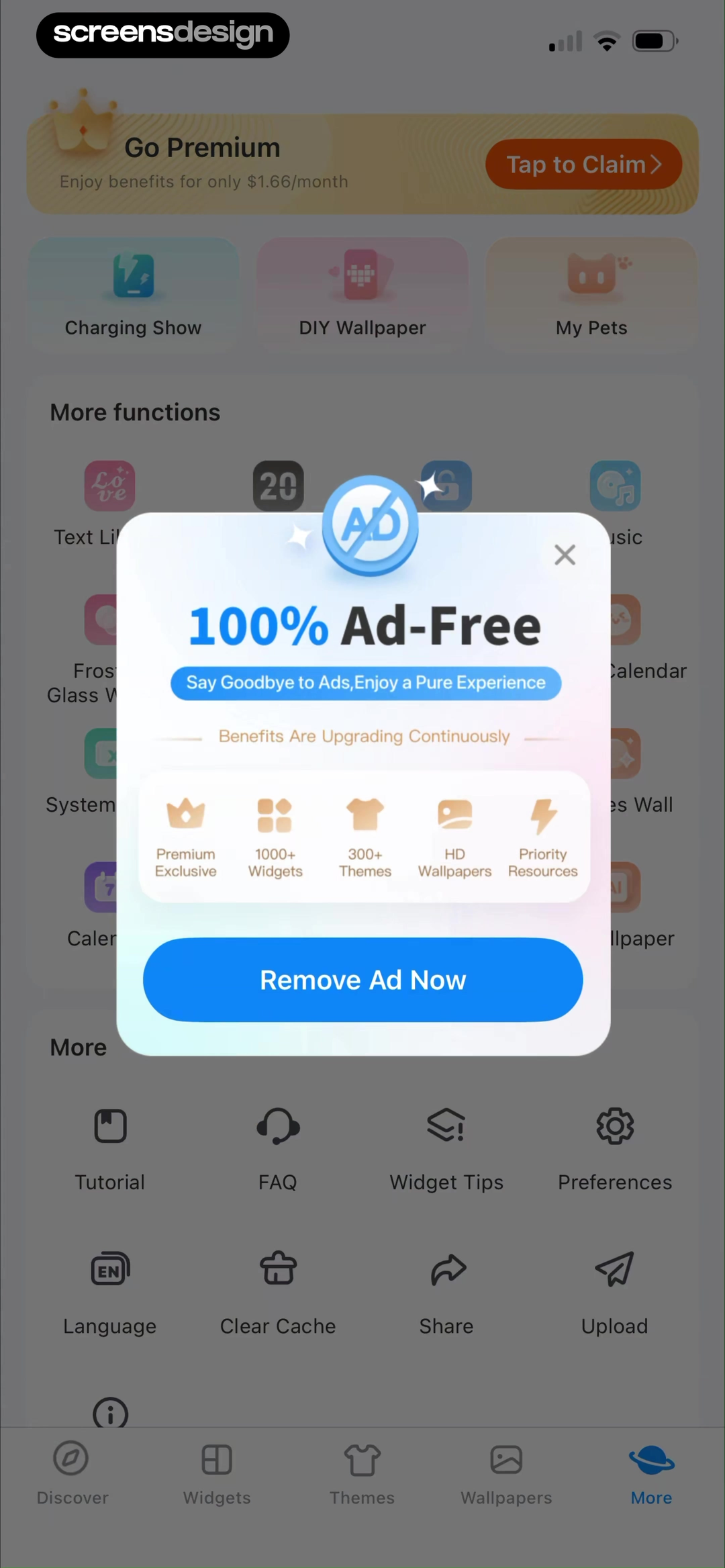 iScreen - Widgets & Wallpaper mobile app screen showing Go Premium and Tap to Claim