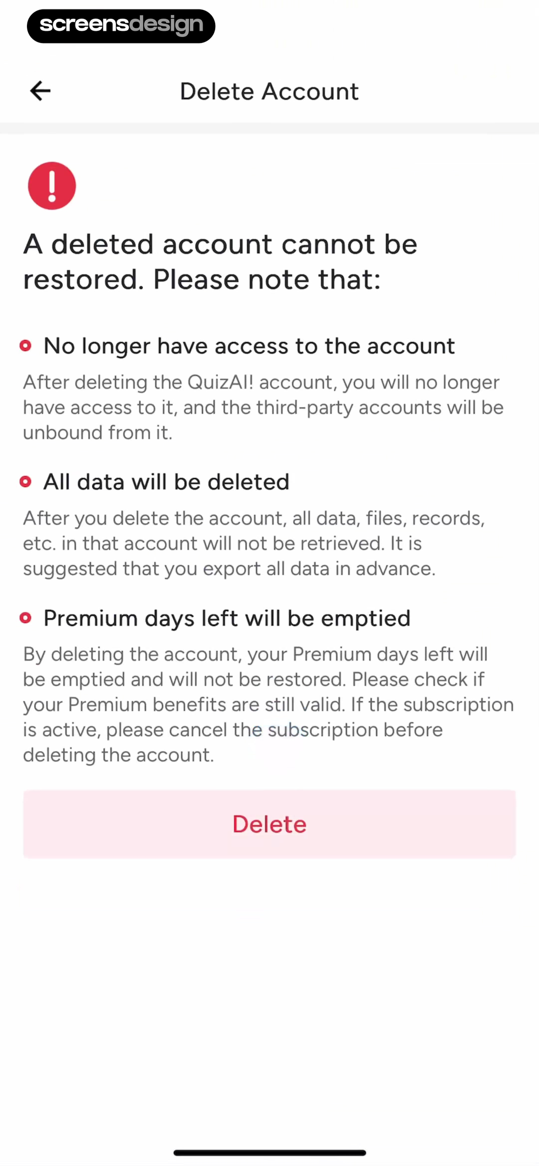 Quiz AI screen showing account access, files, third-party connections, and remaining Premium days are listed before deletion