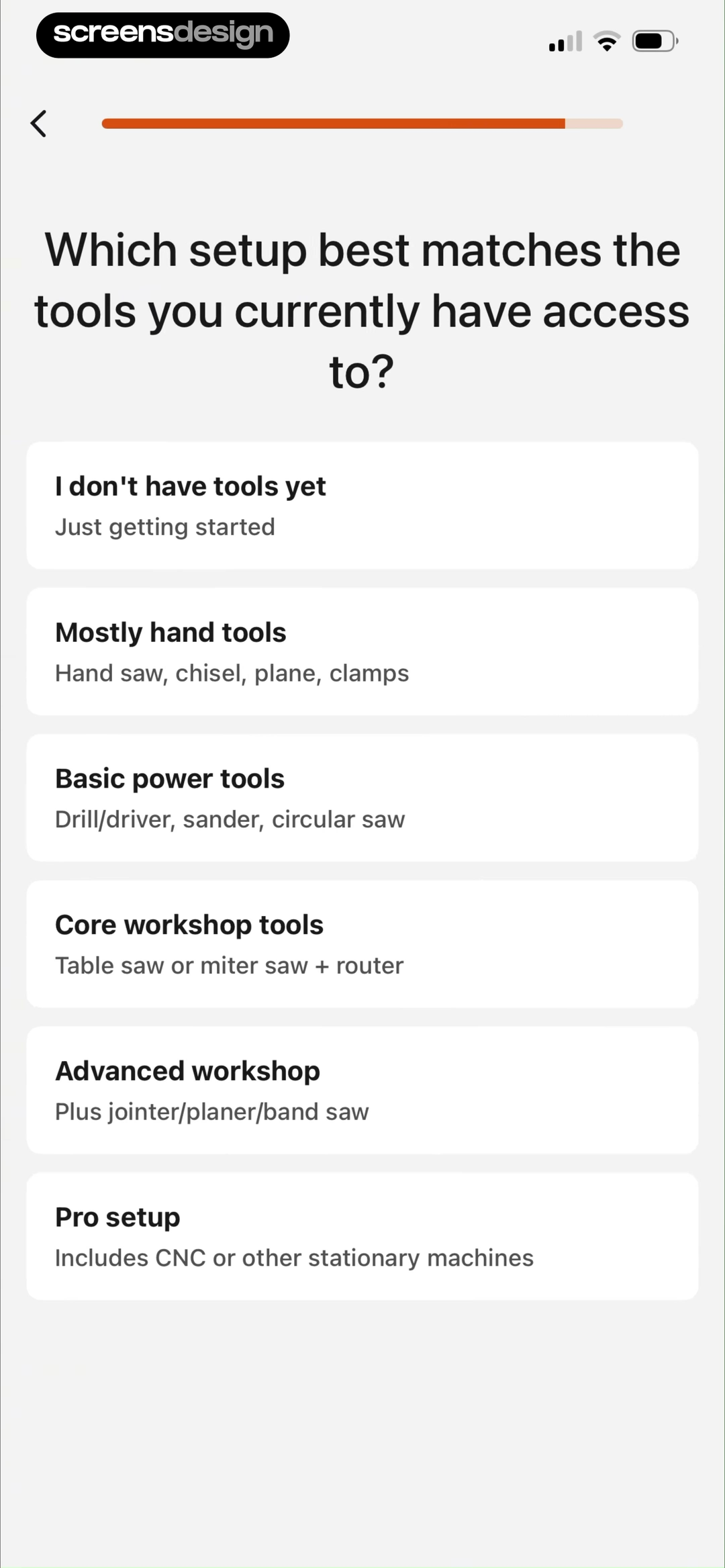 WoodSense onboarding screen asking which woodworking tools the user can access