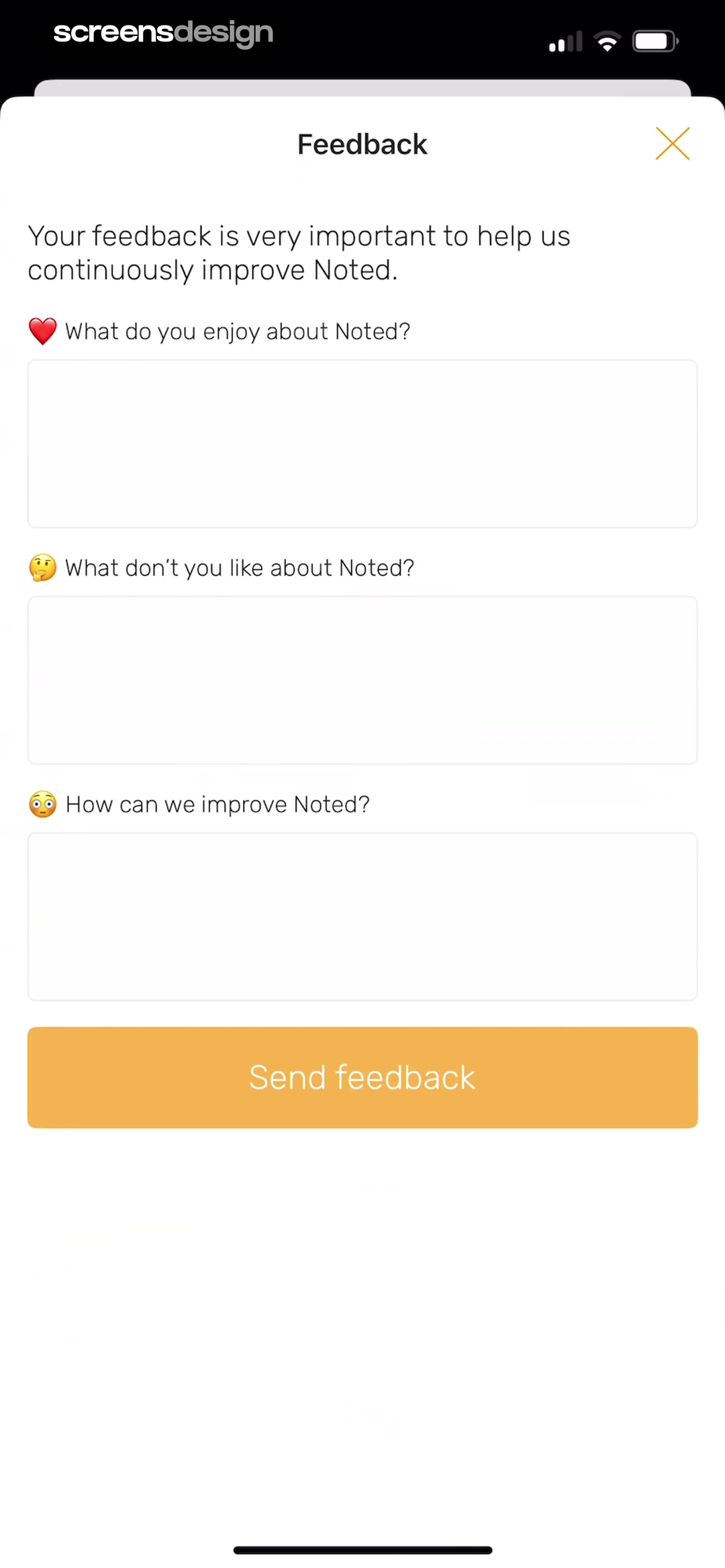 Noted: Record & AI Transcribe screen showing enjoyment, dislike, and improvement prompts give open feedback distinct jobs instead of one empty text box.