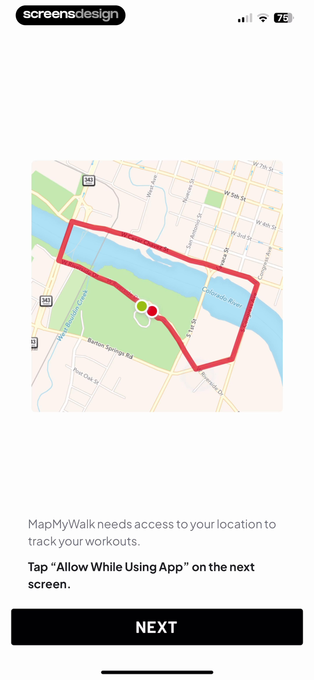 Map My Walk location warm-up with a route map and Allow While Using App instruction