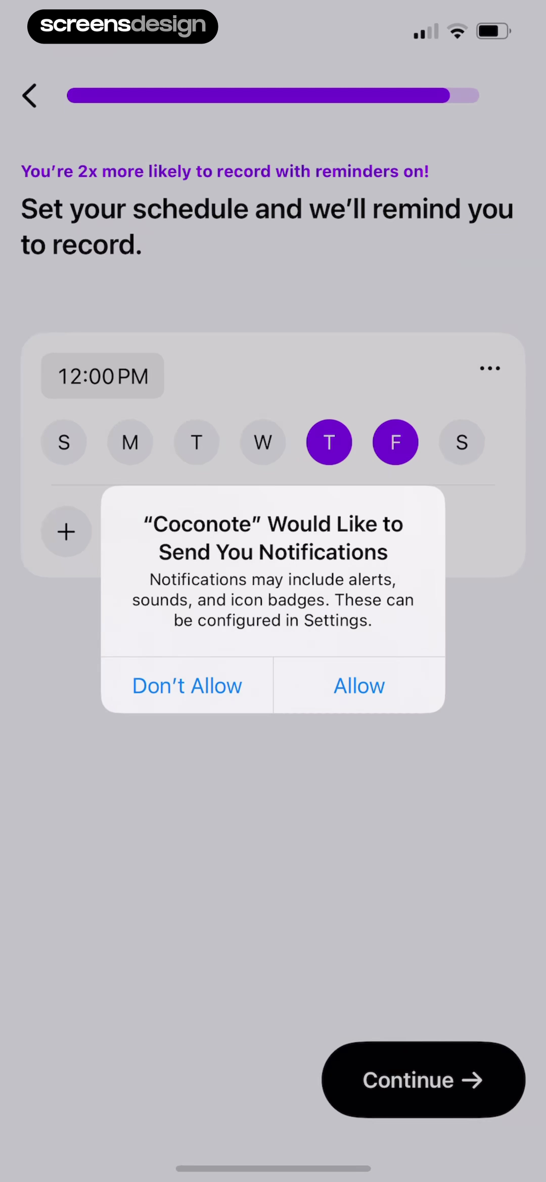Coconote screen showing a selected recording schedule and weekly days appear before the system request