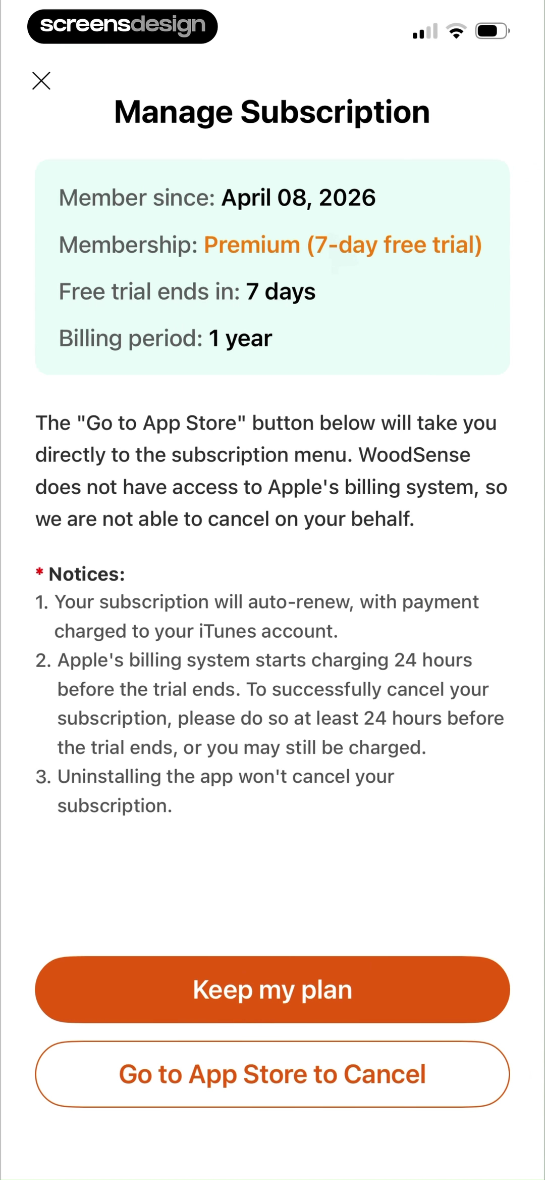 WoodSense screen showing trial status, billing period, renewal notices, cancellation cutoff, and App Store route appear together