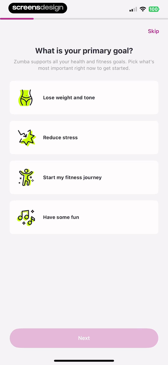 Zumba onboarding asking for a primary fitness goal