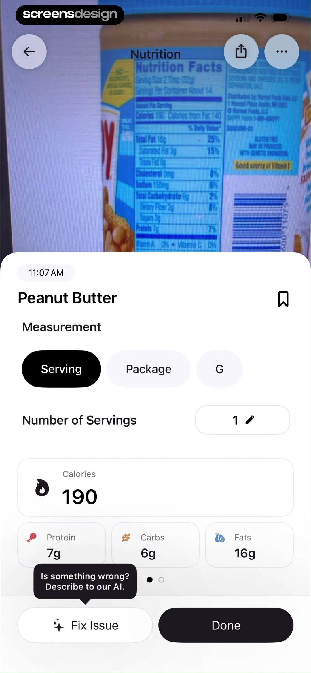 Cal AI peanut butter nutrition-label result with serving, calorie, macro, and Fix Issue controls
