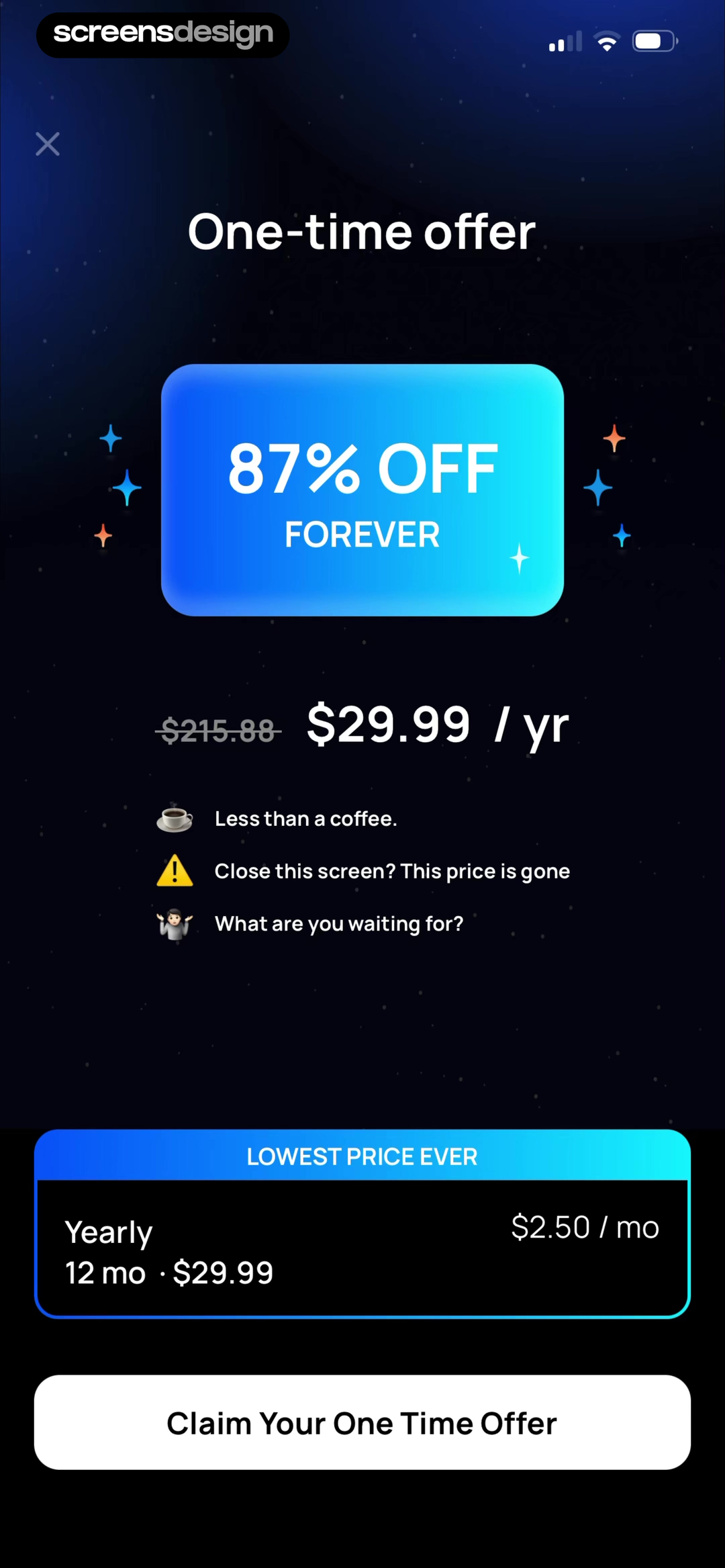 Pushscroll one-time offer paywall with an annual forever discount, original price, monthly equivalent, and claim button