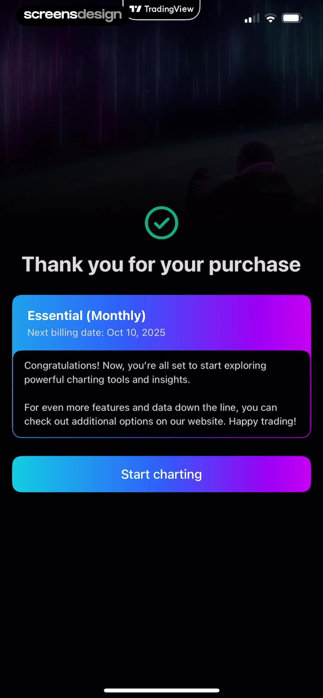 TradingView: Track All Markets mobile app screen showing Thank you for your purchase and Essential (Monthly)