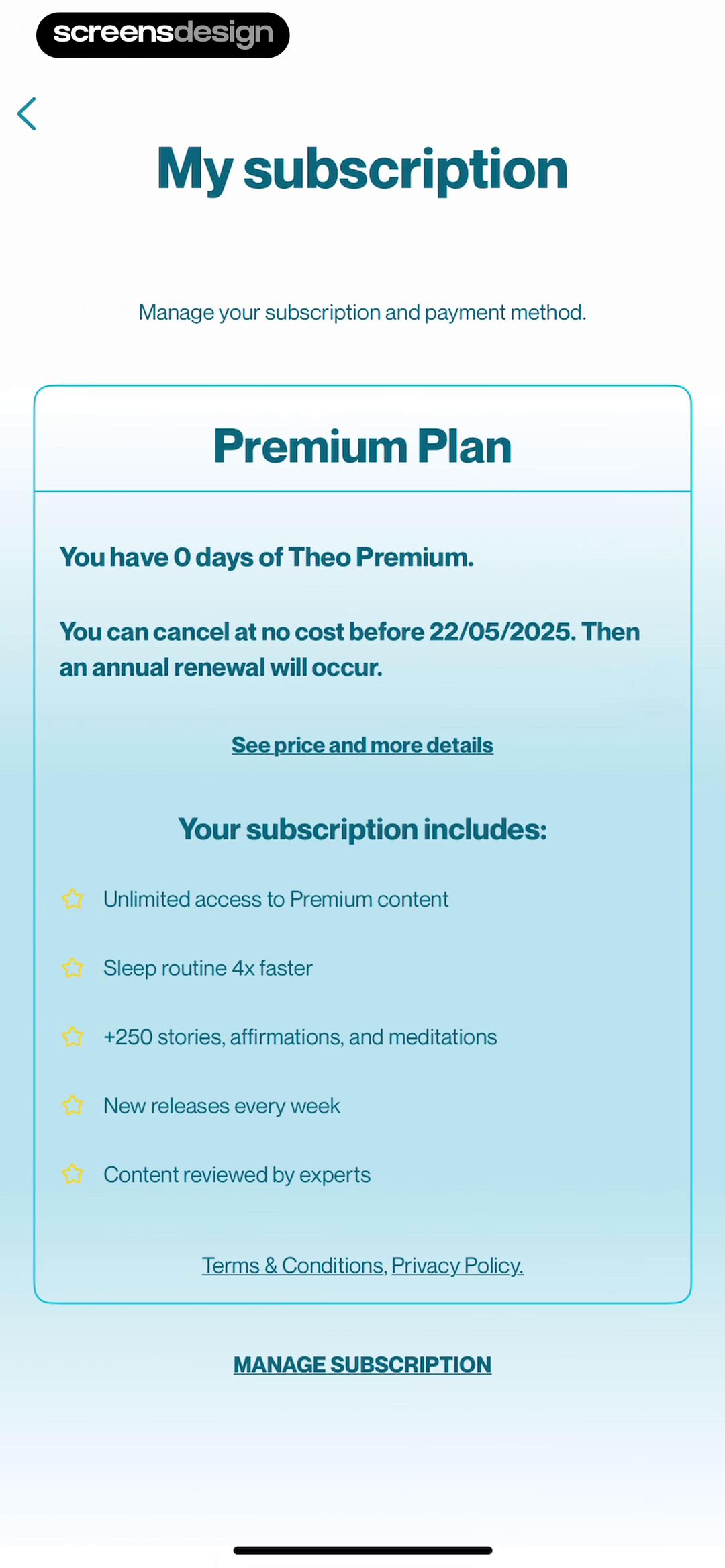 Theo: Prayer & Meditation mobile app screen showing My subscription and Manage your subscription and payment method