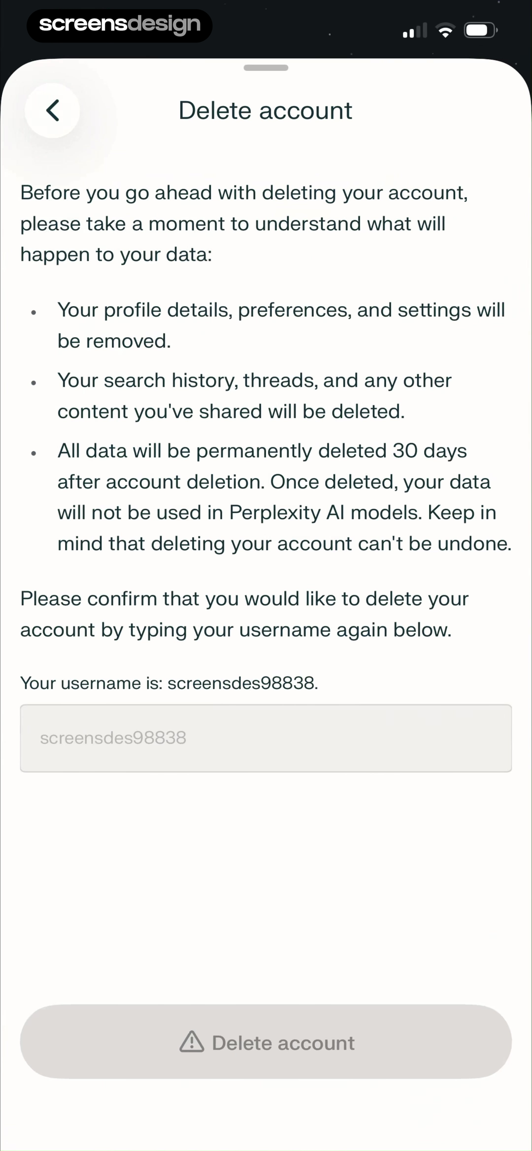Comet screen showing a 30-day deletion window, removed content categories, model use, and username confirmation are explained