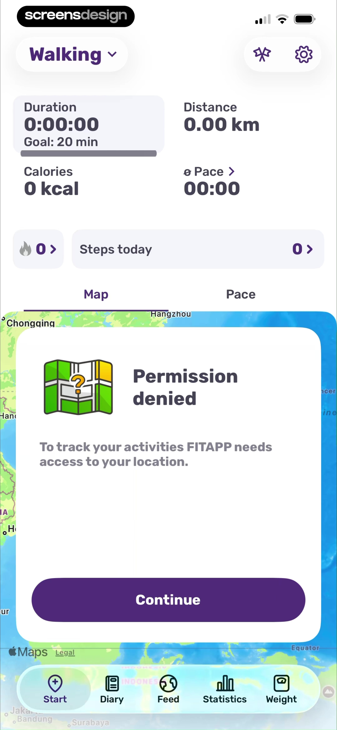 FITAPP walking tracker with a Permission denied dialog explaining location access is required