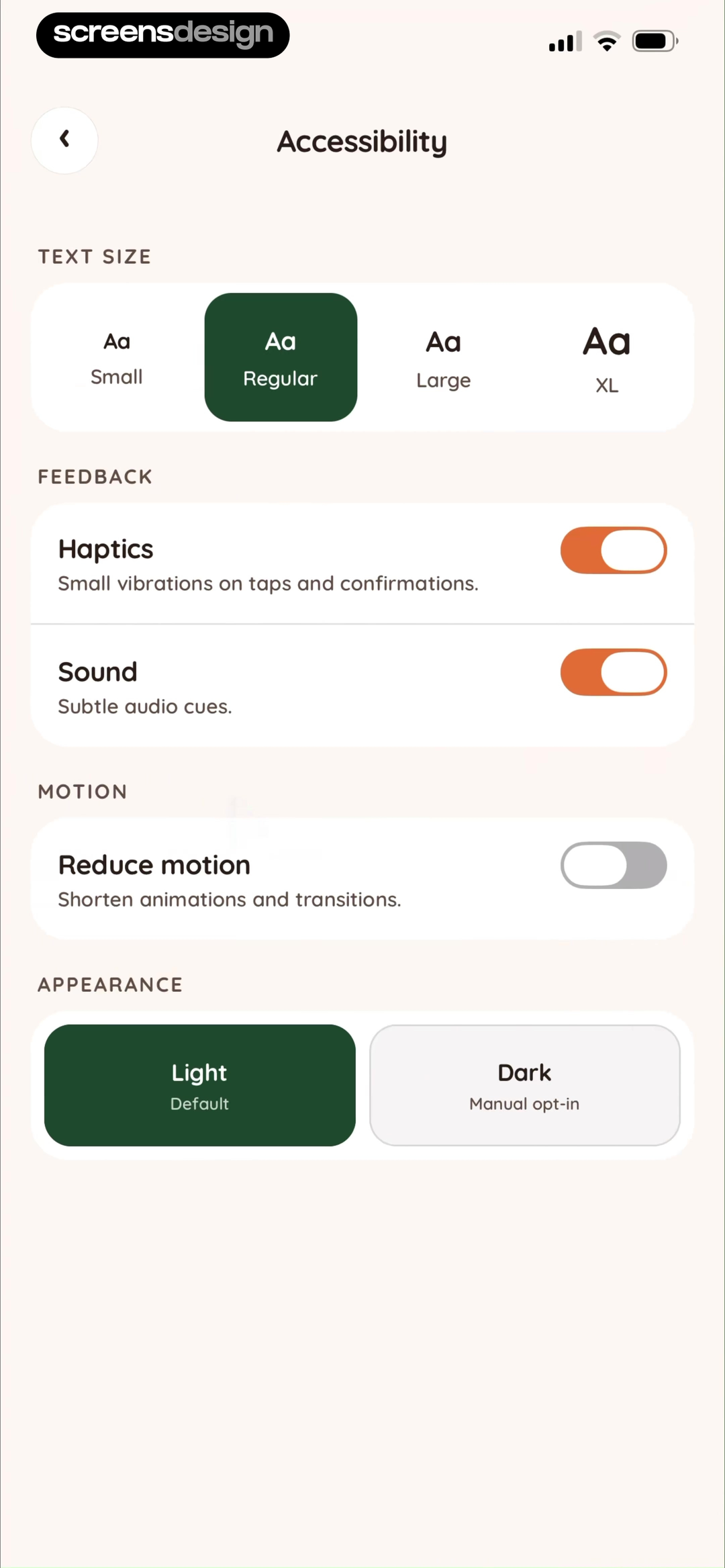 Juno accessibility settings for text size, haptics, sound, reduced motion, and light or dark appearance
