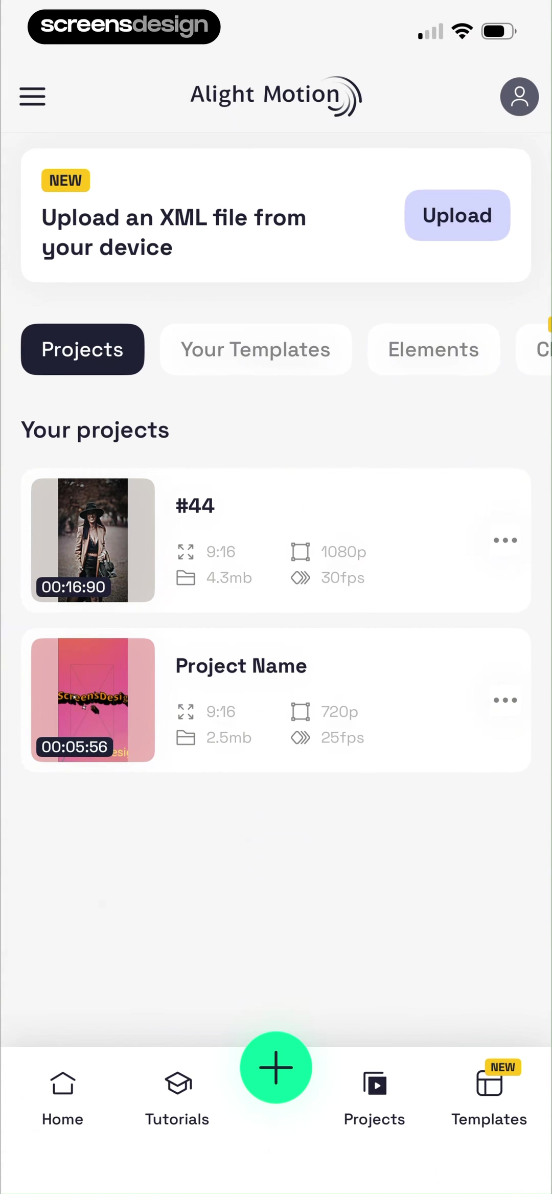 Alight Motion home screen with two existing video projects, project metadata, and a central green plus button