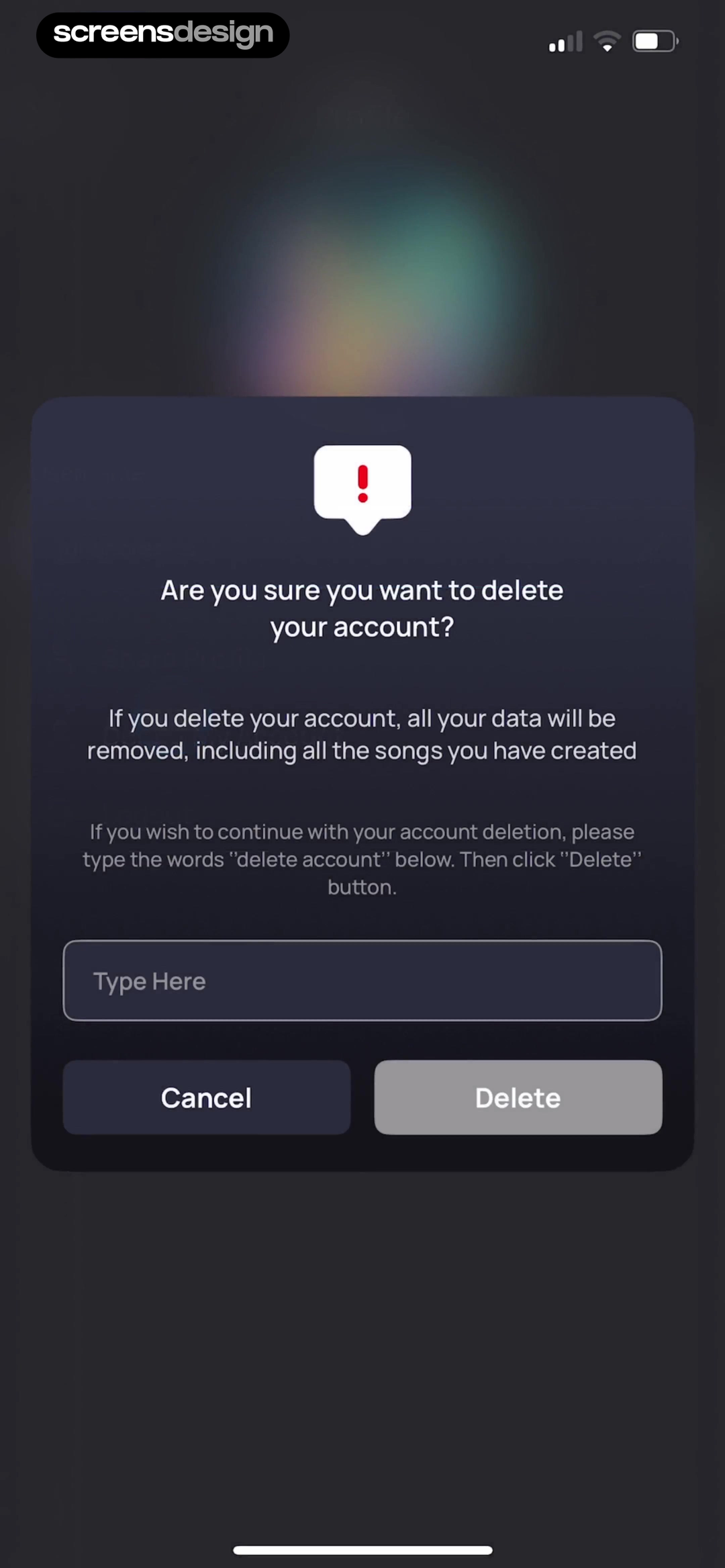 Donna AI Song & Music Maker screen showing created songs are named as deleted content and a typed phrase confirms destructive intent
