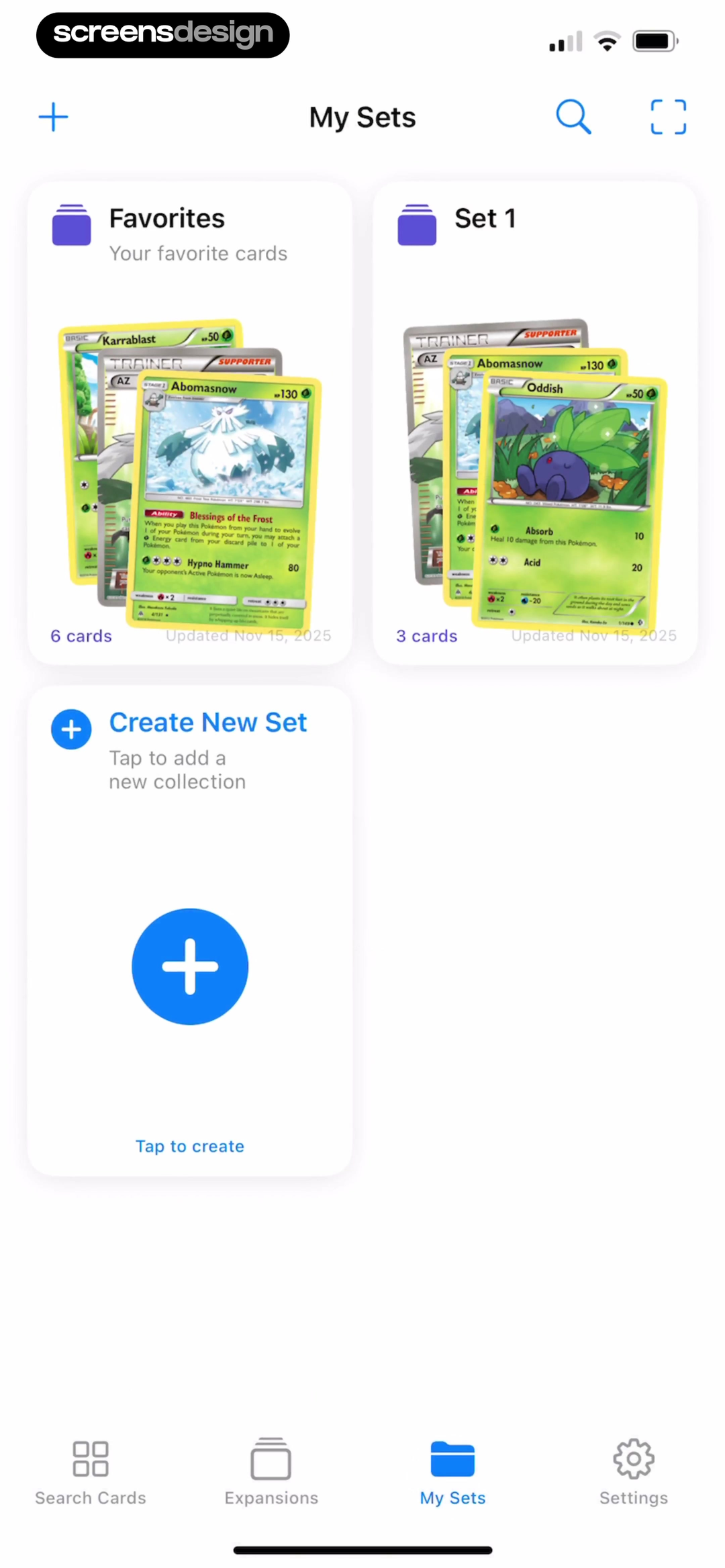 Pokechart trading card collections with favorite cards sets and create new set action