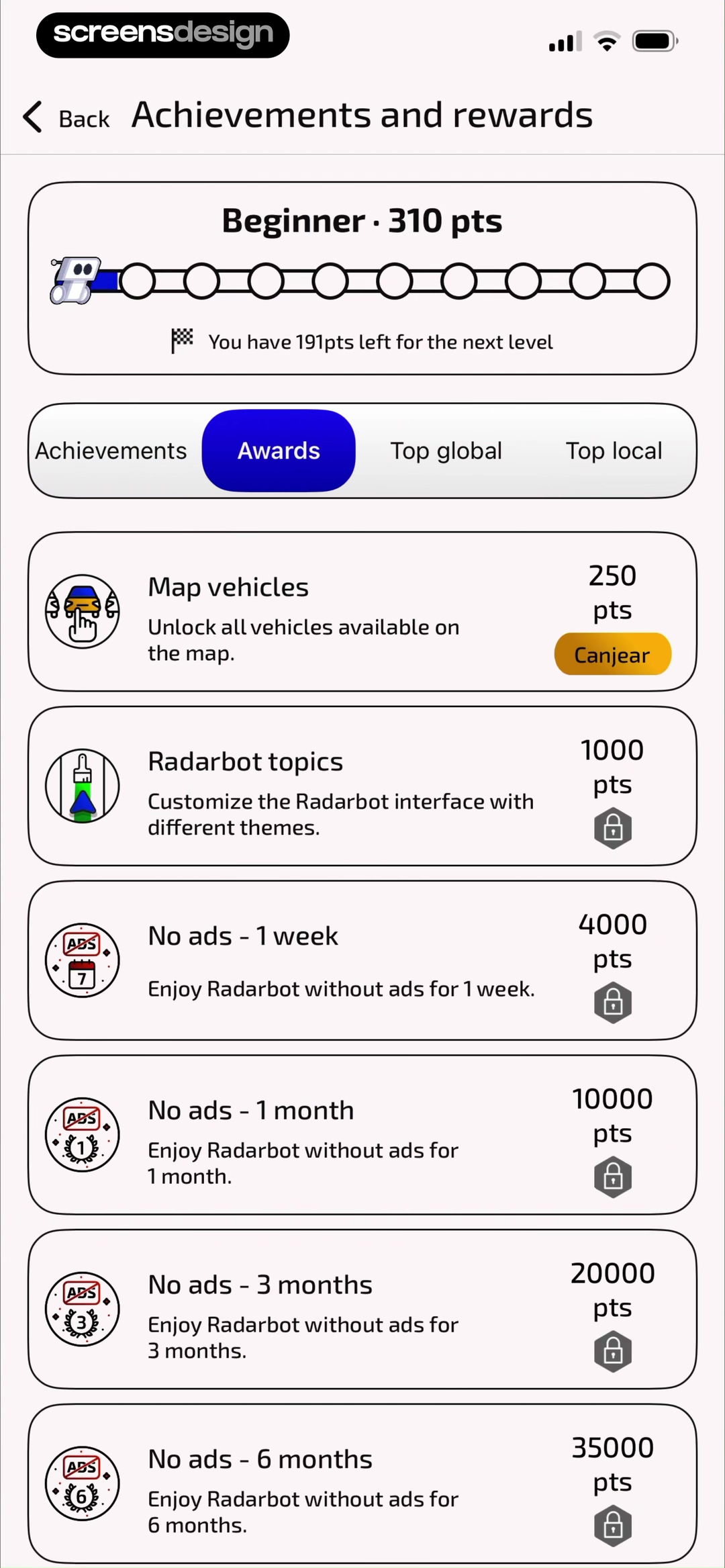 Radarbot: Speed Camera GPS App screen showing beginner status, current points, the next-level gap, achievements, awards, and rankings share one system.