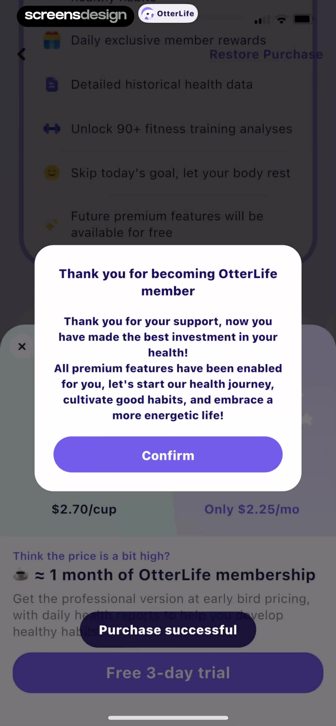 OtterLife: AI Health Tracker mobile app screen showing Thank you for becoming OtterLife member and Restore Purchase