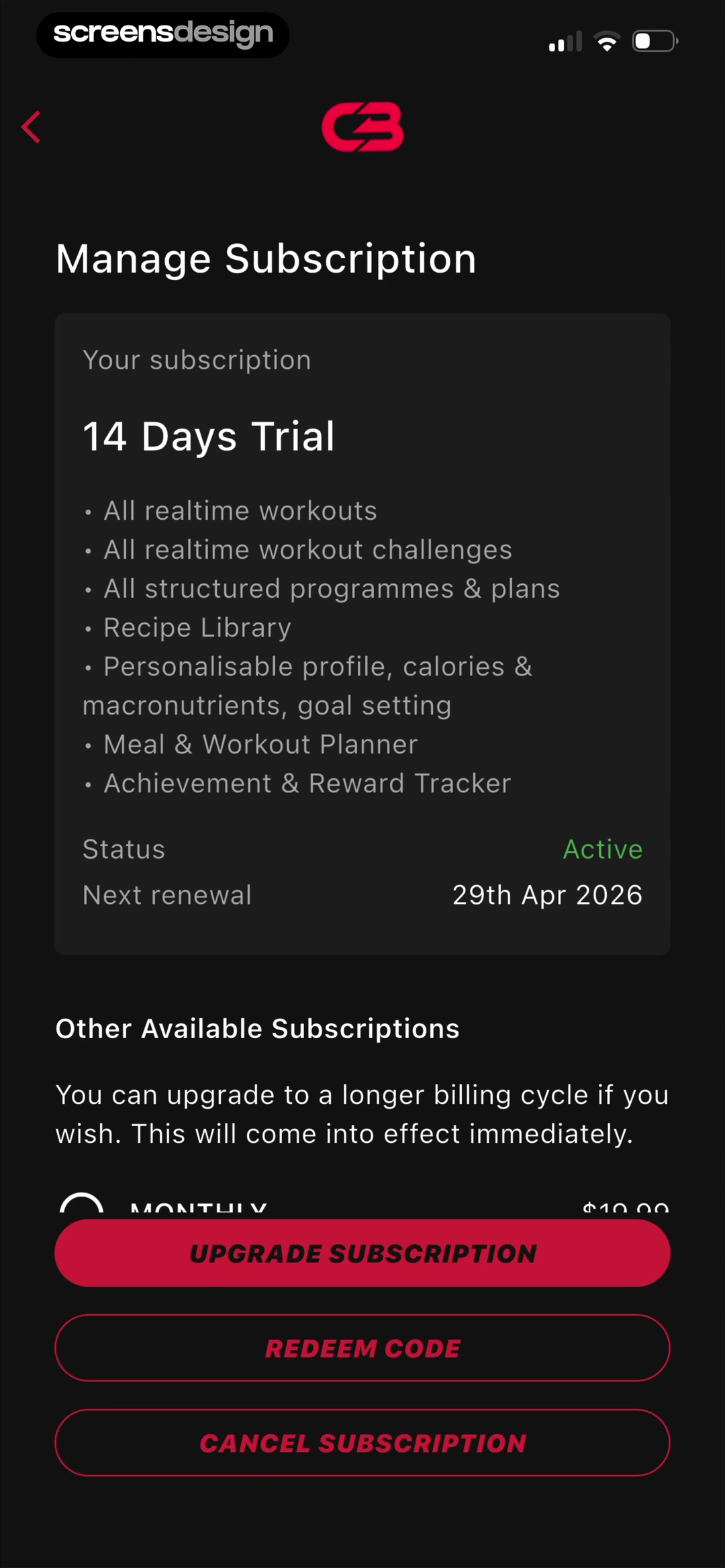 Courtney Black Fitness screen showing the trial screen lists concrete workouts, plans, recipes, tracking, and planning benefits