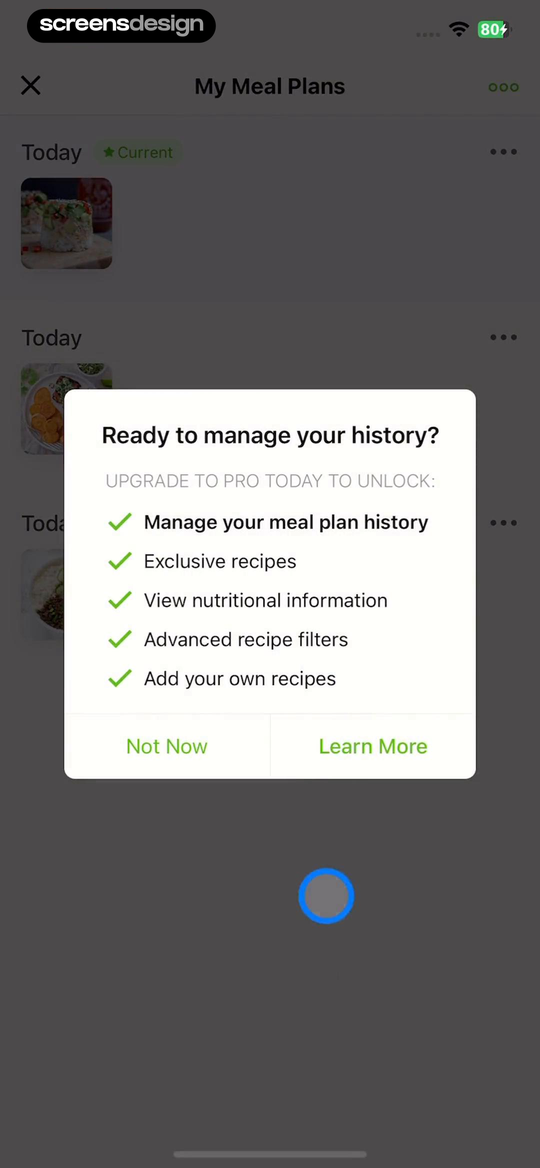 Mealime Meal Plans & Recipes screen showing meal-plan history stays in context while the upgrade lists recipes, nutrition, filters, and custom recipes