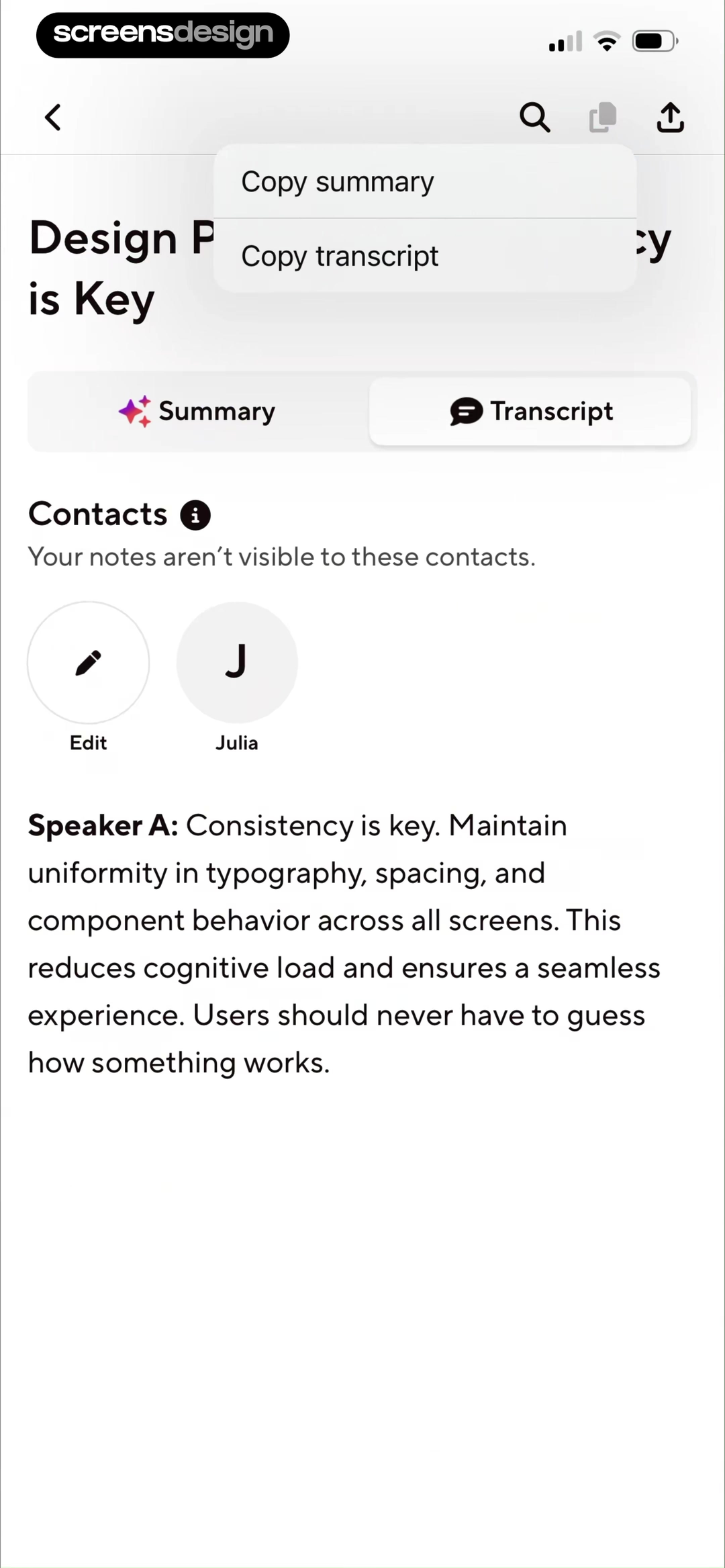 Blinq AI note detail with summary transcript and copy controls