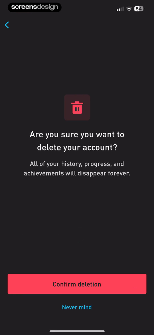 Elevate screen showing history, progress, and achievements are named before Confirm deletion and Never mind