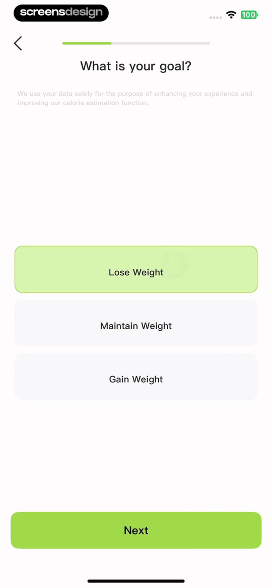 Cal Scanner onboarding screen with Lose Weight, Maintain Weight, and Gain Weight choices