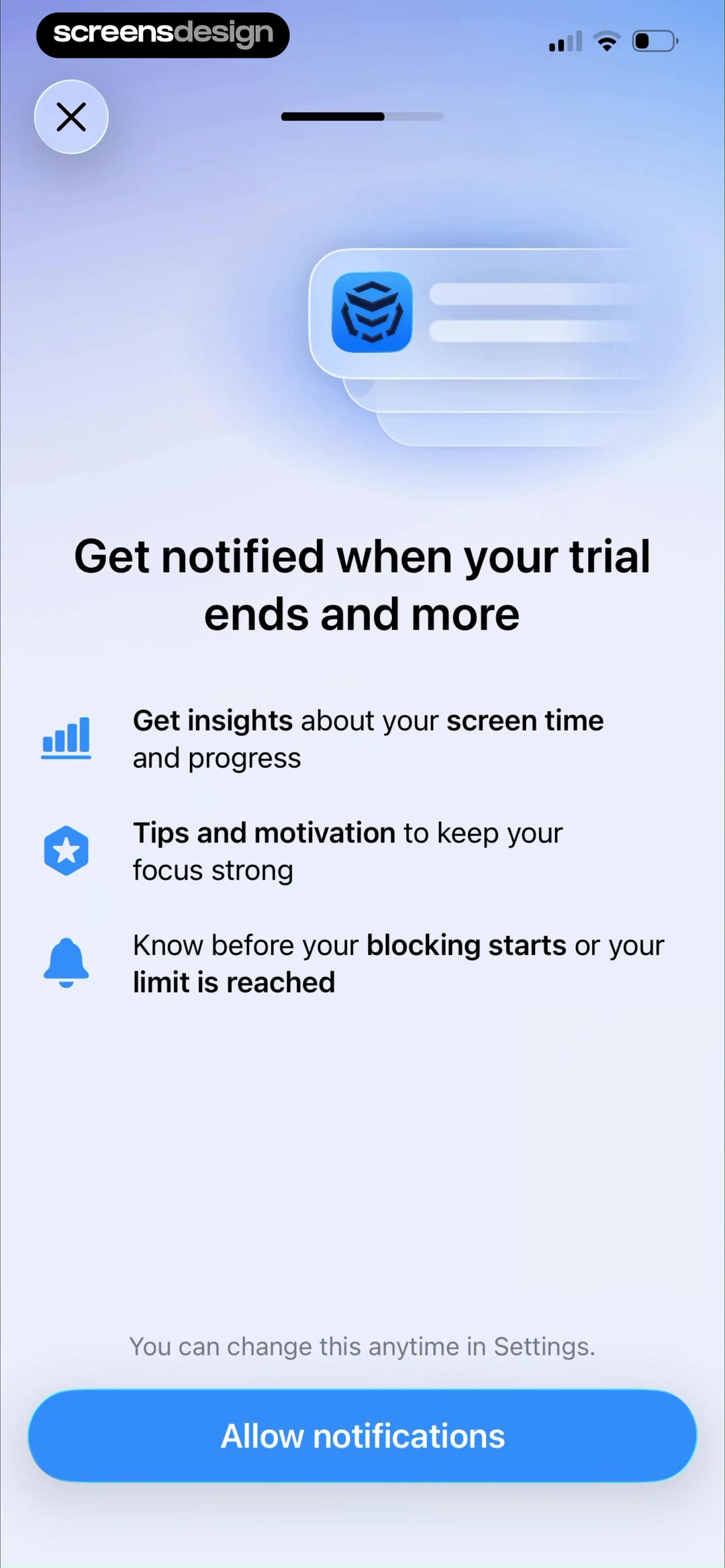 AppBlock notification warm-up listing three relevant benefits