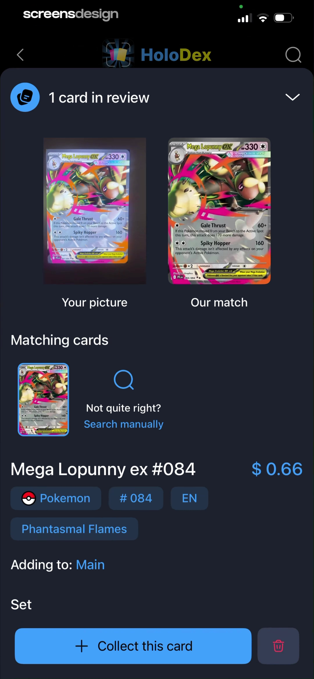 HoloDex trading card scan review with user photo match and manual correction