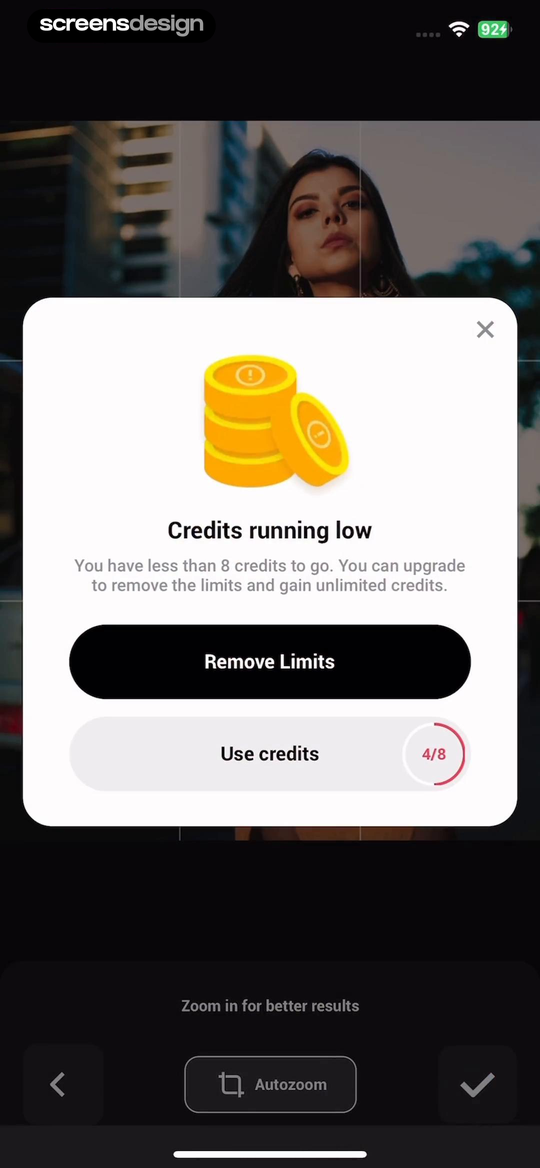 Creati: Gen AI Content Creator mobile app screen showing Credits running low and Remove Limits
