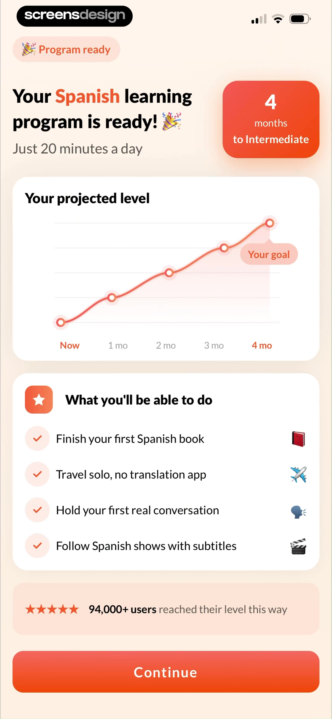 Eppika personalized Spanish learning program with daily time and projected level