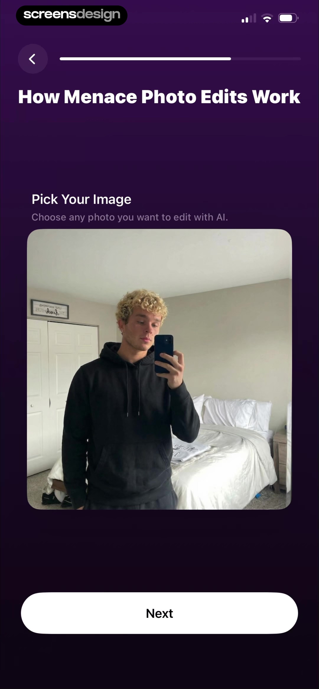 Menace onboarding explaining that the user should pick an image for an AI photo edit
