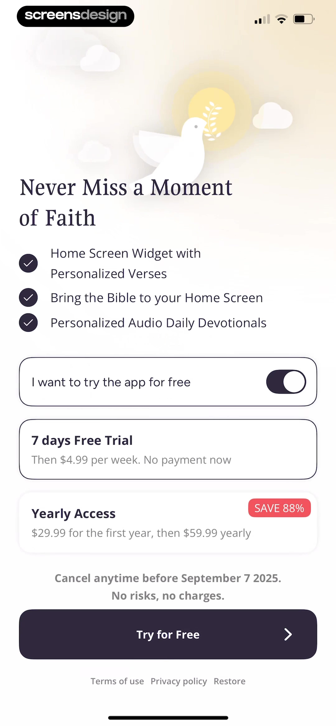 Bible Chat subscription offer with weekly trial and yearly access