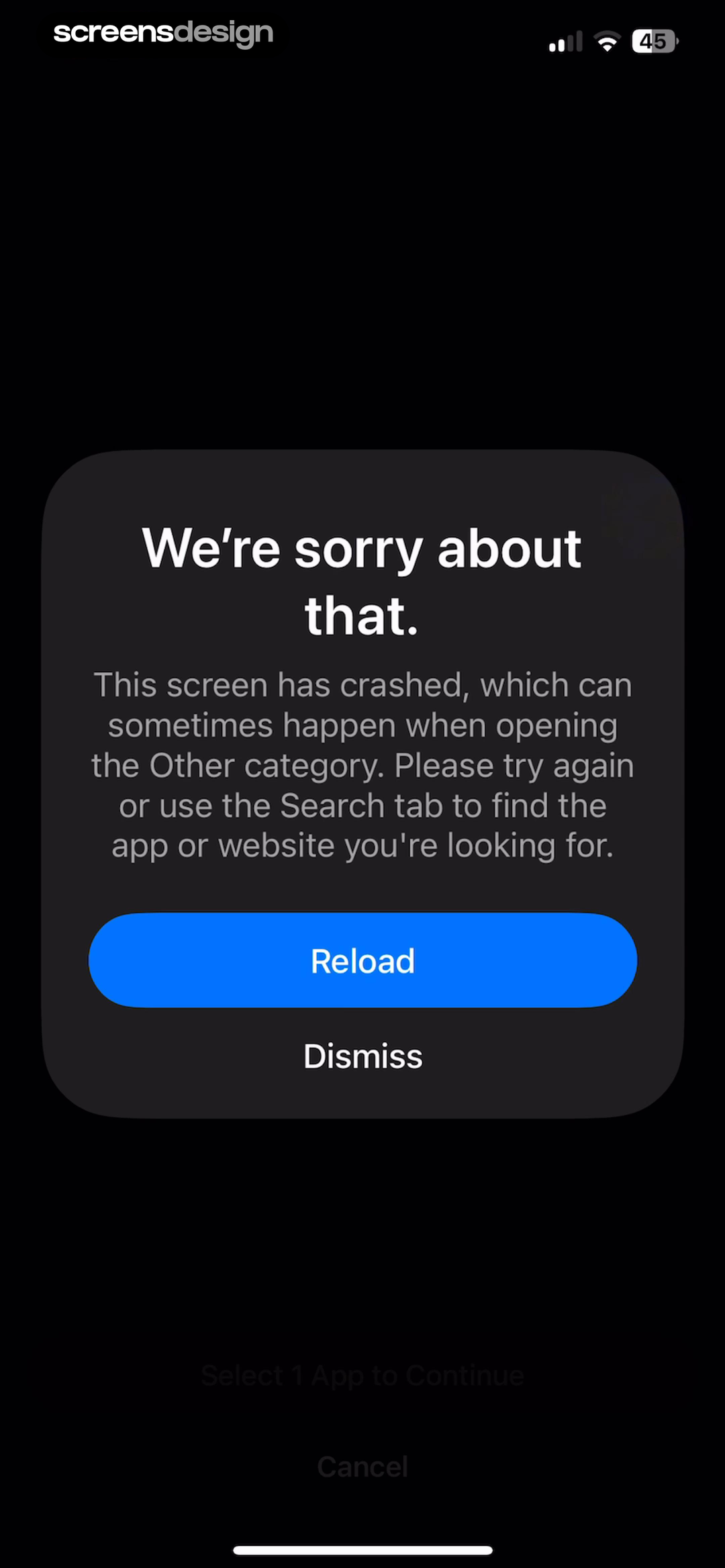 Opal crash dialog with Reload and Dismiss actions and guidance to use the Search tab