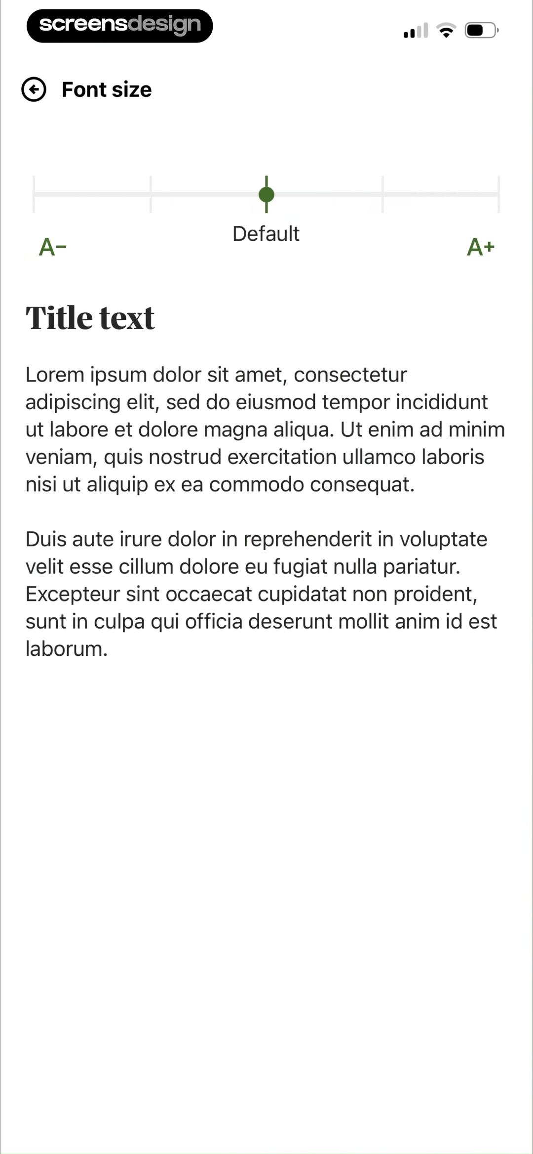Good Food font size settings with A minus and A plus controls and a live title and paragraph preview